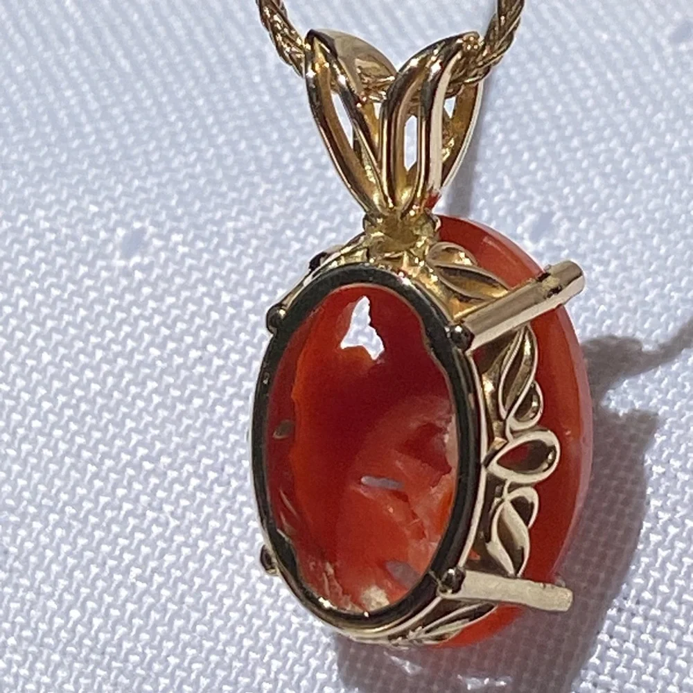 14k Solid Gold Italian Coral Floral Filigree Pendant Necklace 5.19g - Picture 14 of 16